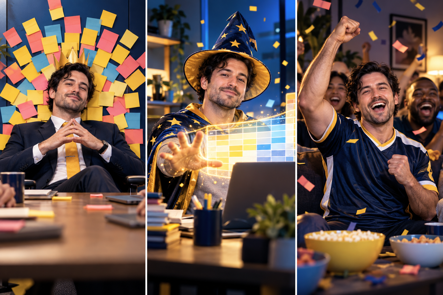 Fictional adult in three playful office and team scenes: meeting boss, spreadsheet wizard, and watch-party winner