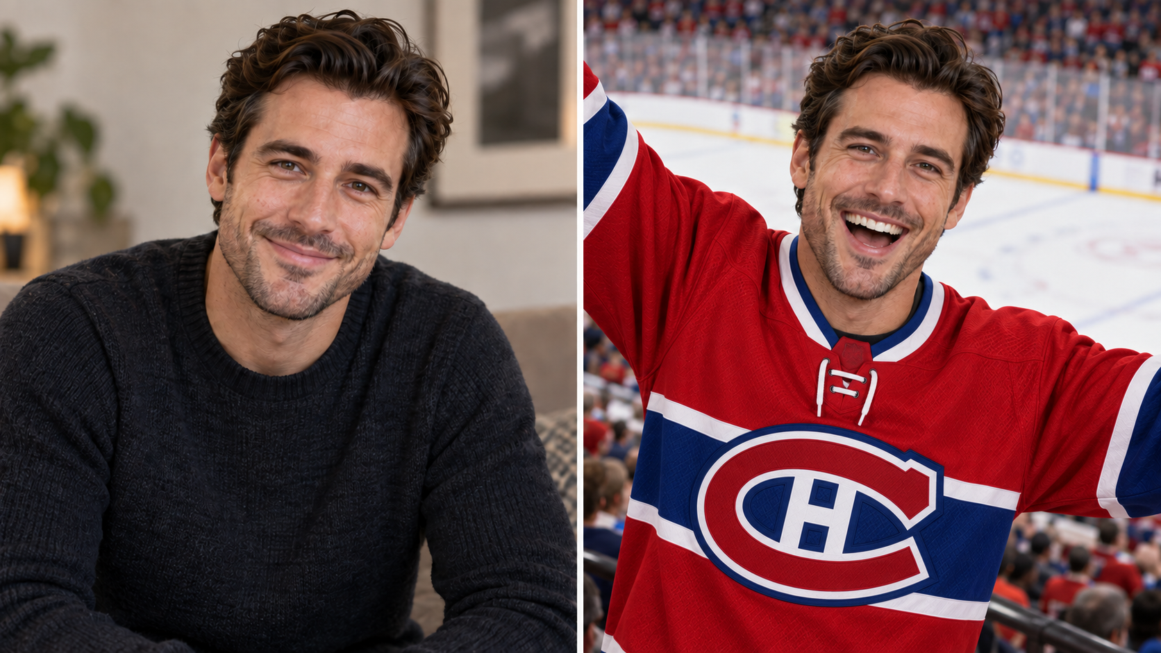 Fictional adult Tim before and after a playful edit placing him in a Montreal Canadiens hockey jersey